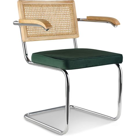 Esszimmerstuhl mit Armlehnen - Samtpolsterung - Holz & Rattan - Martha Dunkelgrün