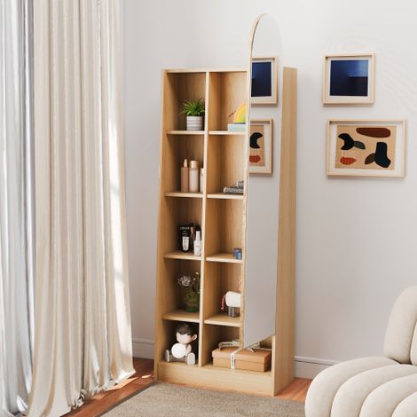 Meuble à chaussures à portes miroirs, penderie, miroir en pied avec rangement, meuble colonne haut et meuble de salle de bain à étagères réglables — Style bois naturel