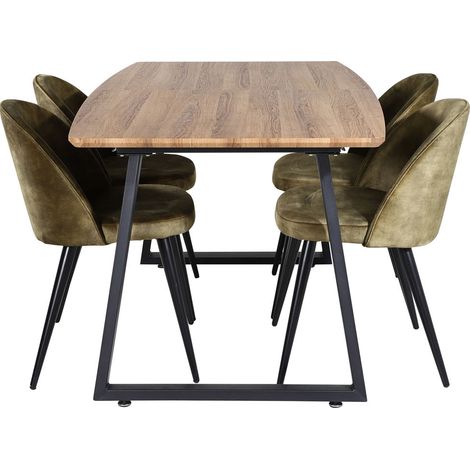 IncaNABL ensemble table, table extensible longueur cm160 / 200 El bois décor et 4 Velvet chaises Velours vert, noir. (1/5)