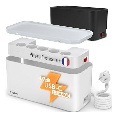 Cable Storage Box – Cable Hide, Cable 2 m, with Integrated Power Strip, with Earth Pin, Suitable for France, USB-A and USB-C Ports, Quick Charge 3.0 – Power Strip Cover (1/5)