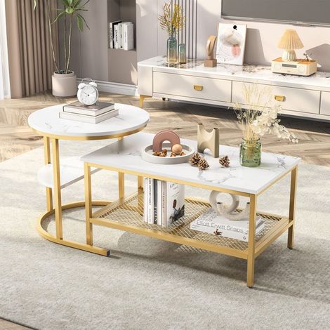 Couchtisch, 2-stufiger rechteckiger Marmortisch, Metallbeine, skandinavisch, Stauraum und 2 Regale, 2er Set, Gold