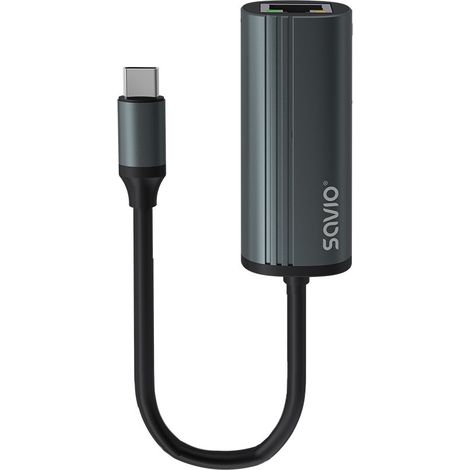 Adaptateur SAVIO USB-C 3.1 Gen.1 (M) vers RJ-45 Gigabit Ethernet (F), 1000 Mbps, AK-56, gris (1/5)