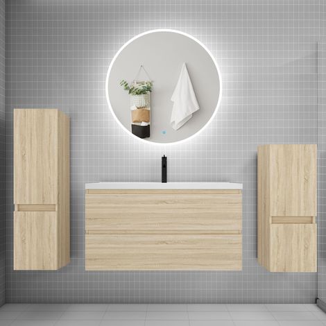 Ensemble meuble vasque L.99cm 2 tiroirs + lavabo + LED miroir rond 90cm + 2colonne,chêne