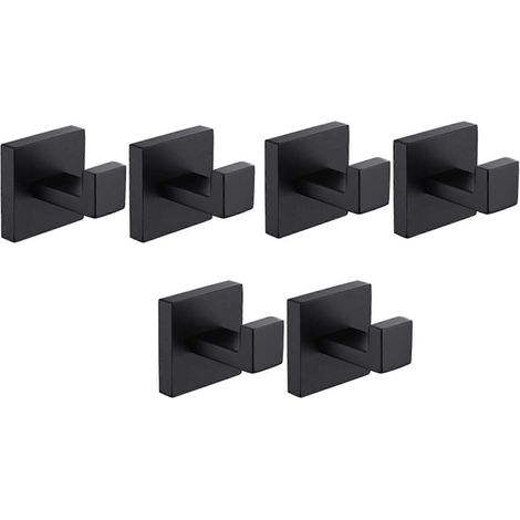 Lot de 6 crochets porte-serviettes noirs mats, en acier inoxydable antirouille pour salle de bain, avec support mural carré pour vêtements, serviettes et manteaux. (1/5)