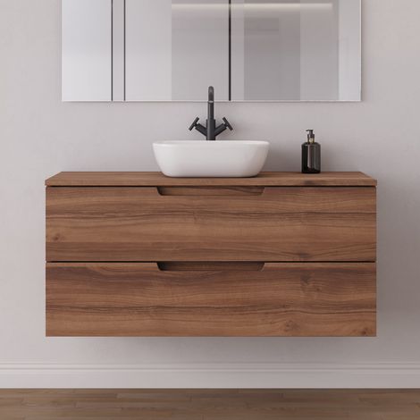 Meuble de salle de bain 120cm avec plateau et vasque à poser arrondie - 2 tiroirs - sans miroir - noyer (bois foncé) - SONRIZA (1/5)