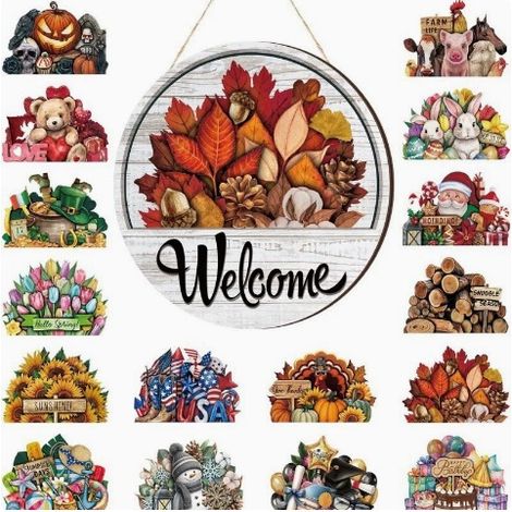 Fun, portable, cute, and innovative 16-piece welcome sign set - interchangeable front door decorations and hanging signs - 16-piece set -