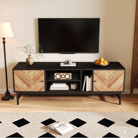 TV-Schrank aus Spanplatte und Eisen, Schwarz + Natur, 150 x 38 x 55 cm, mit 2 Schränken und offenen Fächern (1/5)