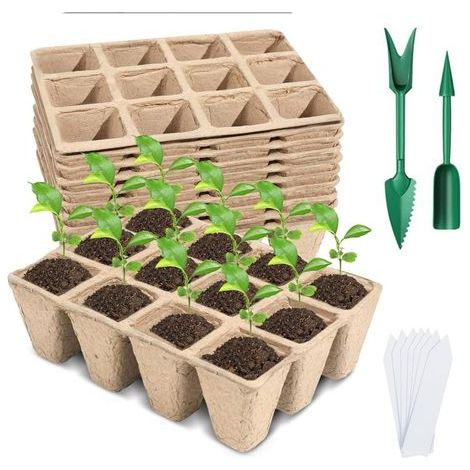Kit de semis 240/120 alvéoles avec pots de tourbe 12 alvéoles, plateaux 10/20, outils de plantation, étiquettes et pastilles biodégradables. Lot de 10 (1/5)