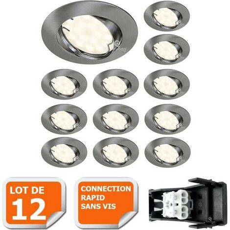 Lot de 12 spot led encastrable orientable alu brossé avec ampoule gu10 230v eq. 50w, blanc chaud (1/5)