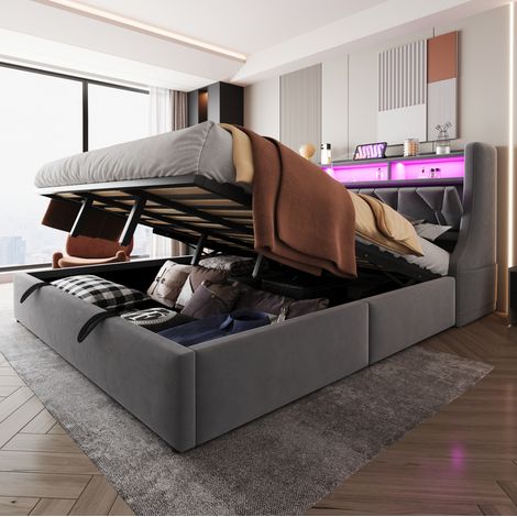 Cama canapé 180x200 cm con cabecero abatible, LED y toma USB/Type-C, gris DESVIAE (1/5)