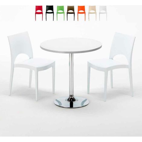 Table Ronde Blanche 70x70cm Avec 2 Chaises Colorées Grand Soleil Set Intérieur Bar Café Paris Long Island - Blanc (1/5)
