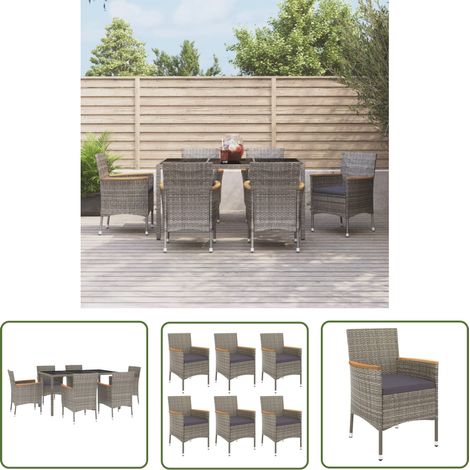 The Living Store 7-tlg. Garten-Essgruppe mit Kissen Grau Poly Rattan - Garten Möbel Set - Esstisch - Gartensessel - Outdoor Möbel - Polyrattan