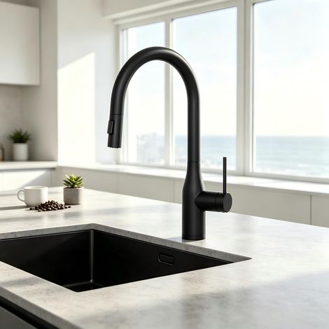 CECIPA MAX Grifo de cocina extensible de acero inoxidable para fregadero con 2 tipos de chorro, giratorio 360°, grifo de cocina, grifería de cocina, negro (1/5)