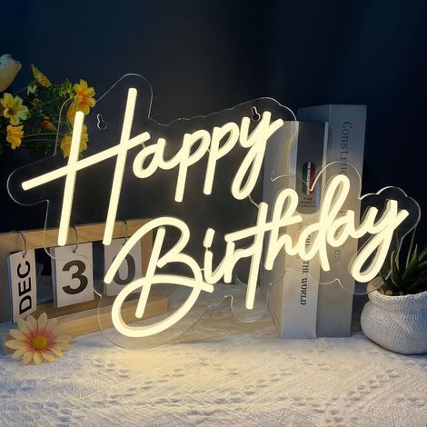 Enseigne néon « Happy Birthday » – Luminaire mural, création artistique LED blanc chaud, adapté à tous les cadres de fête d'anniversaire (17 x 12 pouces) (1/5)