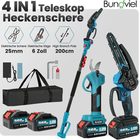 4IN1 Akku Kettensäge Teleskop Astsäge Hochentaster Astkettensäge,2 m verstellbare Teleskopstange,mit 2 Batterie 4000-mAh (1/5)