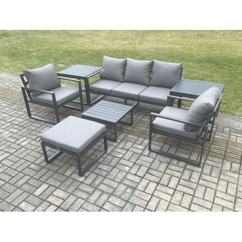 Fimous Aluminium 6 Seater Outdoor Lounge Sofa Set Garden Furniture Sets with Square Coffee Table Chair Big Footstool 2 Side Tables Dark Grey (1/5)