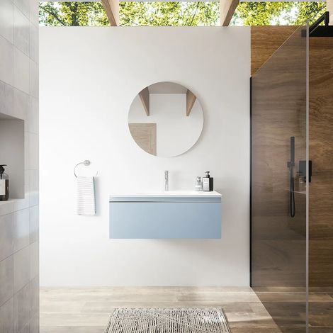 Meuble de salle de bain suspendu 60 cm bleu pastel mat avec lavabo Darwin (1/4)