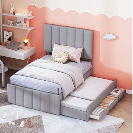 Ausziehbett 90x200 cm Mit Schubladen, Grauer Stoff (1/5)