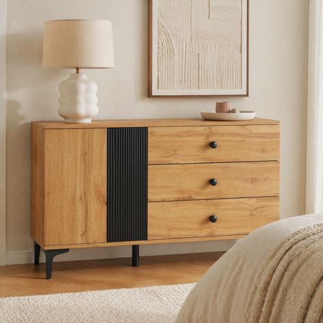 Credenza Sideboard moderna 120 x 35 x 76 cm in truciolare nero e naturale con 1 anta e 3 cassetti (1/5)