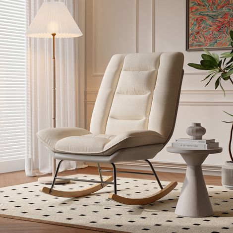 Sedia a dondolo, poltrona a dondolo, 77 cm, con schienale regolabile angolato, struttura in metallo, piedi in legno, Sedia a dondolo imbottita in tessuto - Beige