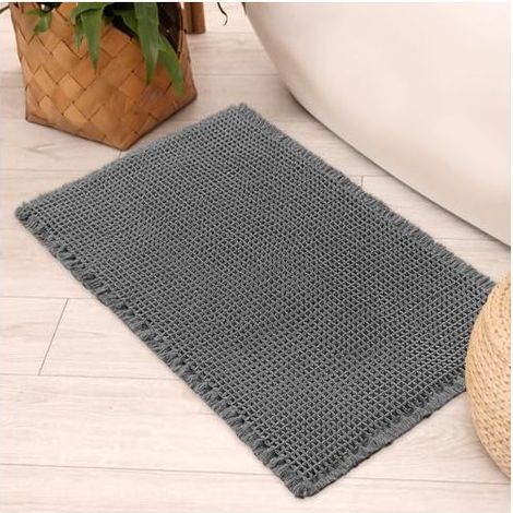 Tapis de Bain Antidérapant 46 x 77 cm, Gris Foncé, Texture Gaufree avec Franges, Ultra Doux et Absorbant, Lavable en Machine pour Salle de Bain, Douche et Baignoire (1/4)