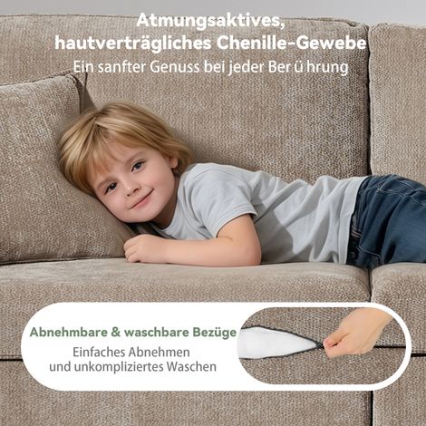 Canapé relax 2 places compact pour petit espace, tissu en chenille doux, avec poche latérale pour magazines, porte-boissons et coussin inclus, idéal salon, bureau, chambre d’amis et appartement, marro (1/5)