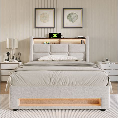 Letto con contenitore imbottito in tessuto effetto lino beige 90x200 cm con LED, USB, rete a doghe e materasso incluso (1/5)