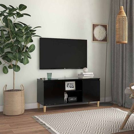 vidaXL Mueble de TV con patas de madera maciza negro 103,5x35x50 cm (1/5)