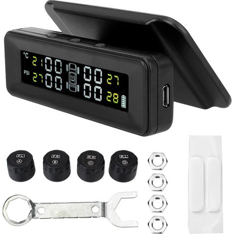 Kit TPMS (Testeur de pression des pneus) avec écran LCD, alimentation solaire, 4 capteurs pour véhicule, testeur automatique, alarme de sécurité, kit de test numérique TPMS pour voiture intelligente (1/5)