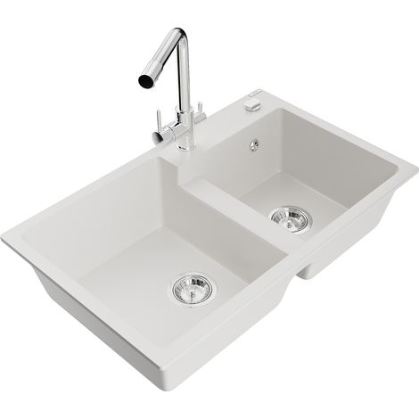 Mexen Tomas fregadero de granito de 2 senos con grifo de cocina Duero, blanco - 6516-20-671600-00 (1/5)