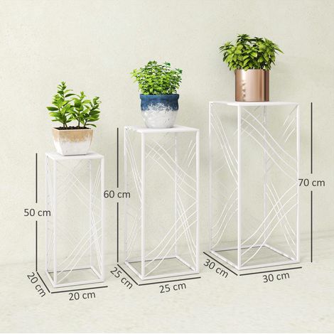Ensemble de 3 supports à plantes empilables en métal blanc, hauteur 50/60/70 cm, blancs (1/5)