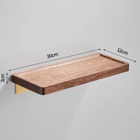 (Côté concave - 30 cm) Étagère de rangement murale en noyer avec miroir, fixation murale monobloc sans perçage, pour serviettes. (1/5)