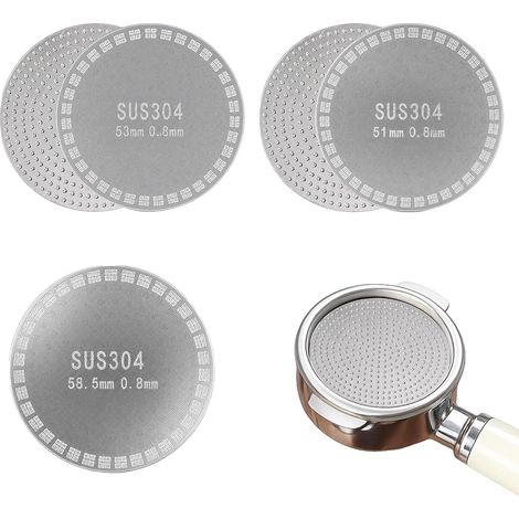 Lot de 5 Filtres à Espresso, Passoire à Expresso 51mm+53mm+58.5mm épaisseur 0,8mm,écran Puck Screen inox 304, Réutilisable Tamis à Expresso pour Machines à Café,pour La Maison,Le Café(Argent) (1/5)