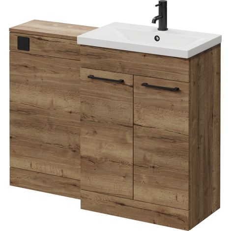 Napoli 390 Tobacco Oak 1100mm 2 Door Vanity Unit Toilet Suite with Glide Basin - 1100mm - Matt Black 160mm HandleWithout Kingston Toilet Pan