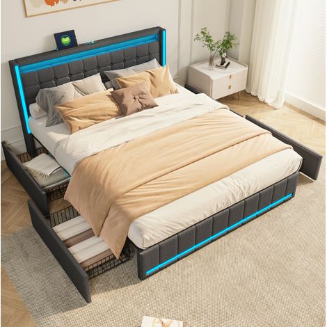 Doppelbett 140 x 200 cm mit Stauraum, LED, USB und 4 Schubladen aus dunkelgrauem Leinen (1/5)