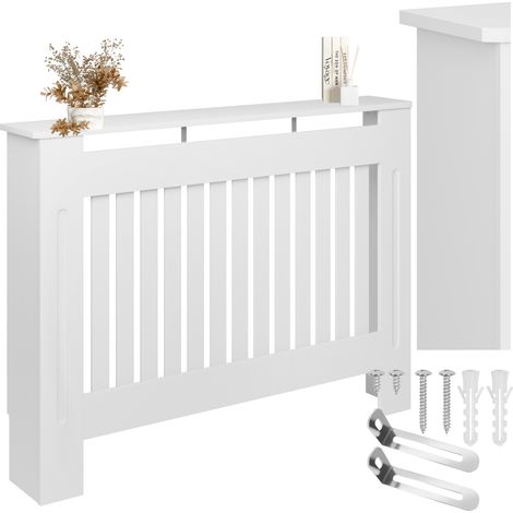 Tectake – Cache-radiateur à lattes 112x19x82cm – Étagère de rangement en MDF et acier – Circulation d'air optimisée – Nettoyage facile (1/5)