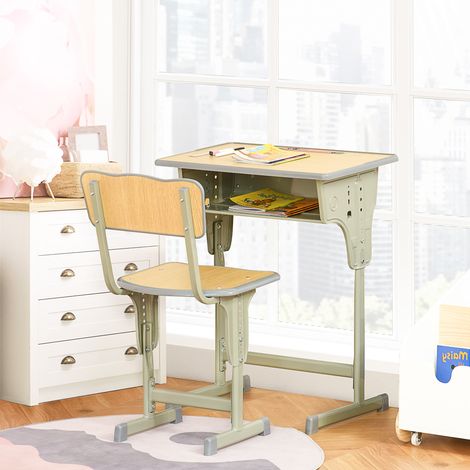 Banco Scuola con Sedia per Bambini 6-12 Anni, Scrivania per Bambini con Altezza Regolabile, Vano Contenitore e Portapenne, Acciaio e MDF, Color Legno (1/5)