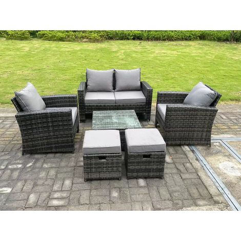 Fimous 6 Seater Dark Grey Mixed High Back Rattan Sofa Set Square Coffee Table Garden Furniture Outdoor 2 Stools (1/5)