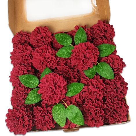 Boîte de fleurs artificielles rouge vin, 25 coussins à épingles, bouquets de fleurs artificielles pour la décoration de mariage (1/2)