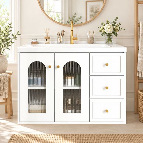Meuble salle de bain suspendu 80 cm avec vasque céramique, blanc, 2 tiroirs, porte en verre cannelé, étagères réglables (1/5)