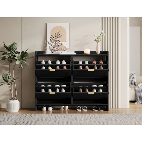 Schuhschrank Schwarz 110x24x90 cm, 4 Klappen Mit Offenen Fächern, Modern Für Die Diele (1/5)