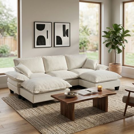 Modulares Ecksofa, U-förmige Cloud-Couch mit Segelboot-Design, inklusive 2 beweglichen Ottomanen & 2 weichen Kissen, komfortabler Chenille-Bezug für Wohnzimmer & Apartments, Beige