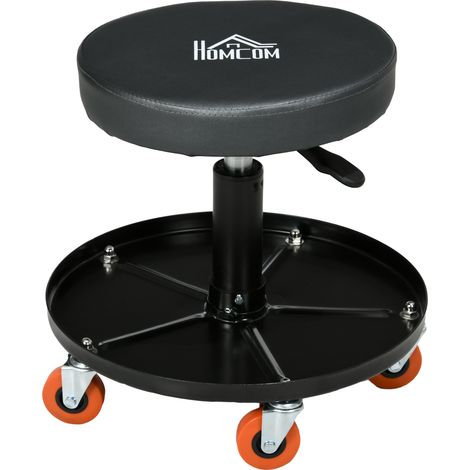 Werkstatthocker mit Rollen und Werkzeugablage, höhenverstellbar und drehbar, Ø 40 x 25–48 cm, Schwarz