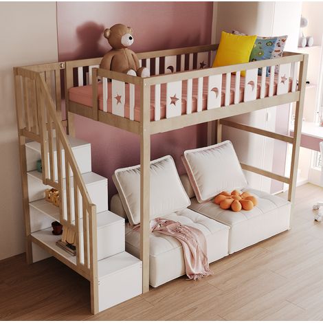Letto rialzato bambini 90x200 cm con scala portaoggetti, sponda di sicurezza, rete a doghe, in legno, senza materasso, bianco (1/5)