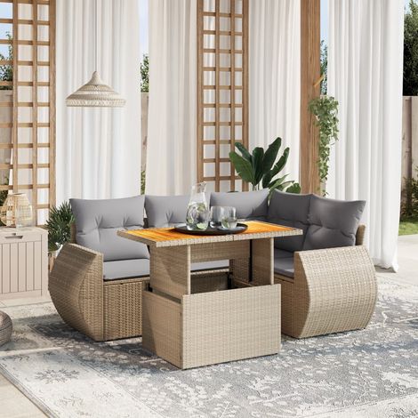 Ensemble de salon de jardin extensible 5 places en résine tressée beige avec coussins gris - Table réglable et modulable (1/3)
