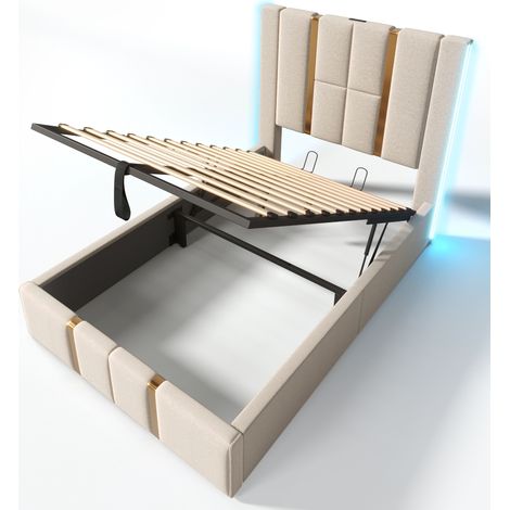 Lit rembourré 90 x 200 cm en lin beige avec LED USB-C et rangement (1/5)