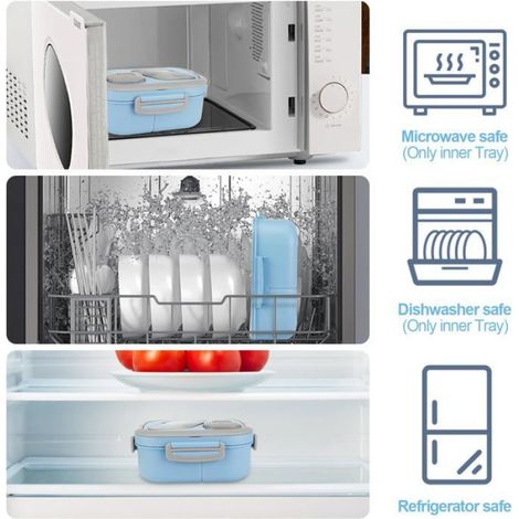 Boîte bento 1200ml, 3 compartiments, anti-fuite, sans BPA, lavable (Bleu) (1/5)