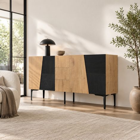 Credenza buffet con 4 ante e 3 cassetti, 160x40x80 cm, naturale e nero, DESVIAE (1/5)