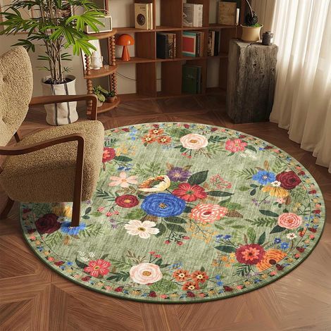 Runder Teppich (120 cm), maschinenwaschbar, rutschfest, kurzflorig, im Boho-Stil, mit weichem orientalischem Blumenmuster, geeignet für Wohnzimmer, Schlafzimmer, Küche, Kinderzimmer und Büro. (1/5)