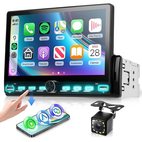 1 Din Piano Keys with Wireless Carplay Android Auto, 7 Inch 1 Din Touch Screen Radio with Bluetooth, FM Radio, EQ, Online Video, Mirror Link, USB/Type-C+ Camera (1/5)